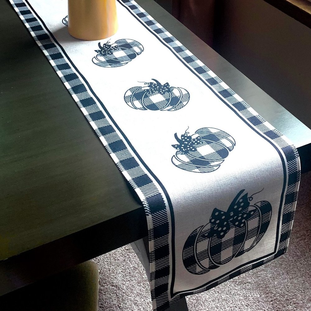 Farmhouse Rustic Autumn Fall Black Buffalo Check Plaid 72" Linen Table Runner